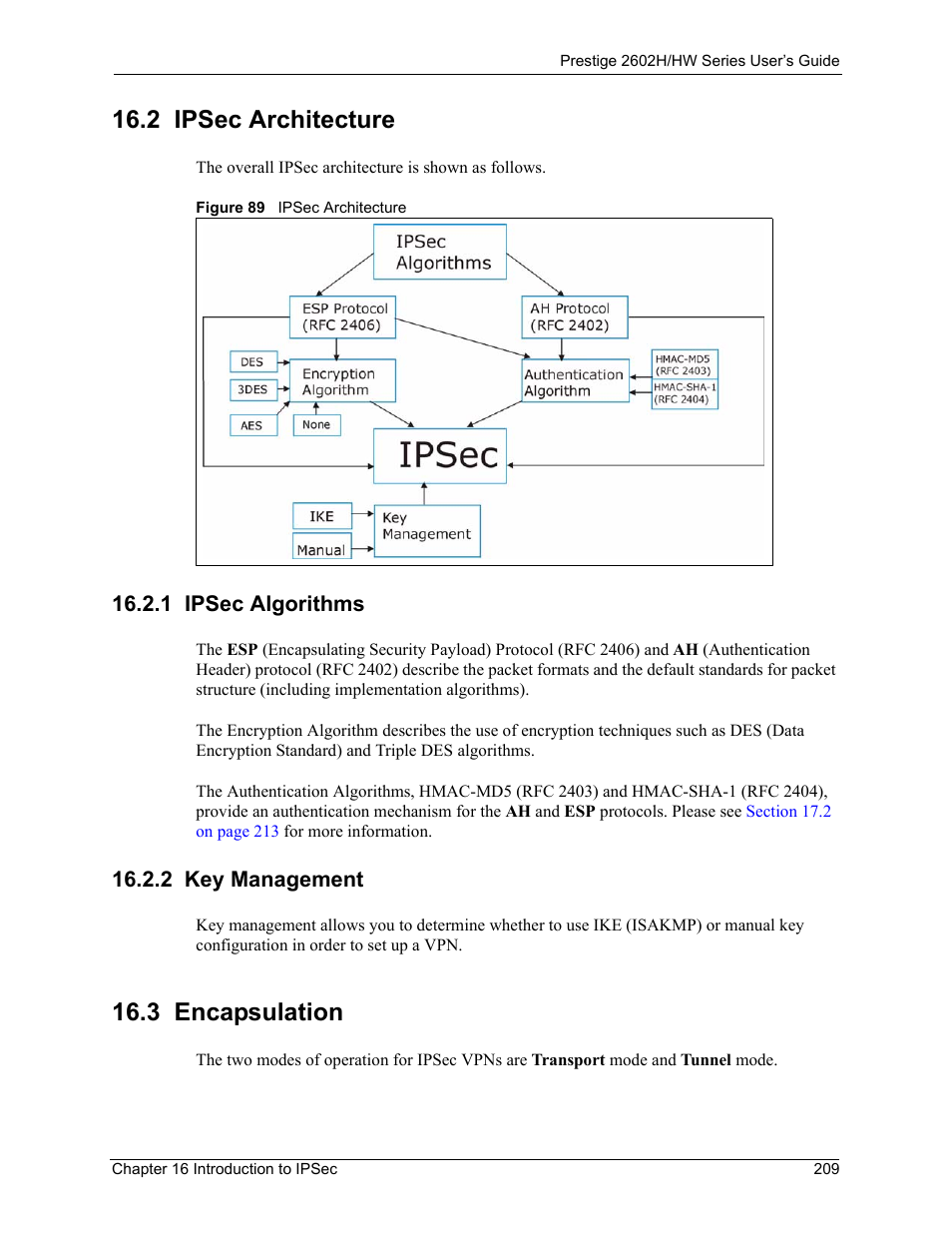 2 ipsec architecture, 1 ipsec algorithms, 2 key management | 3 encapsulation, 1 ipsec algorithms 16.2.2 key management, Figure 89 ipsec architecture | ZyXEL Communications Prestige 2602H Series User Manual | Page 209 / 550