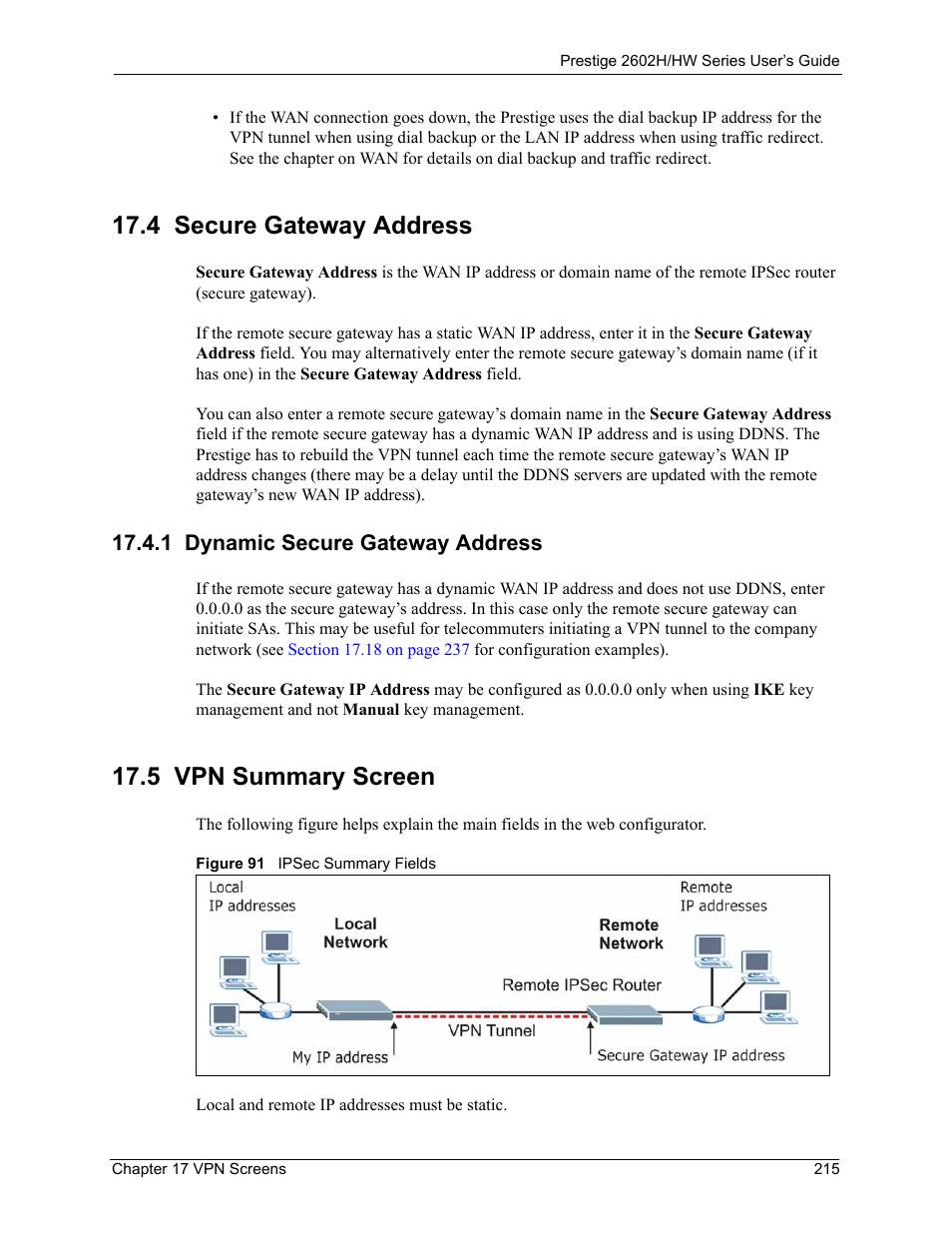 4 secure gateway address, 1 dynamic secure gateway address, 5 vpn summary screen | Figure 91 ipsec summary fields | ZyXEL Communications Prestige 2602H Series User Manual | Page 215 / 550