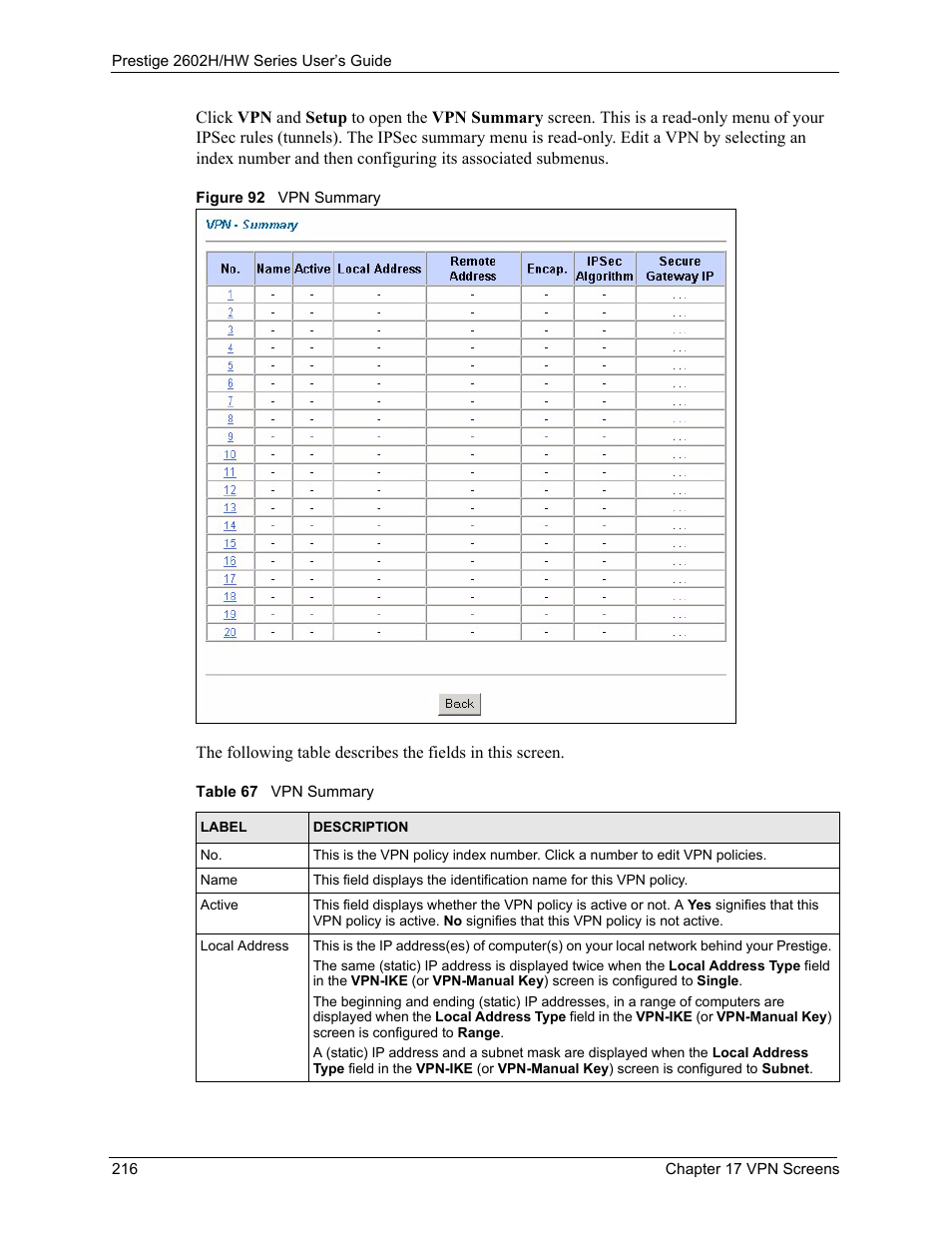 Figure 92 vpn summary, Table 67 vpn summary | ZyXEL Communications Prestige 2602H Series User Manual | Page 216 / 550