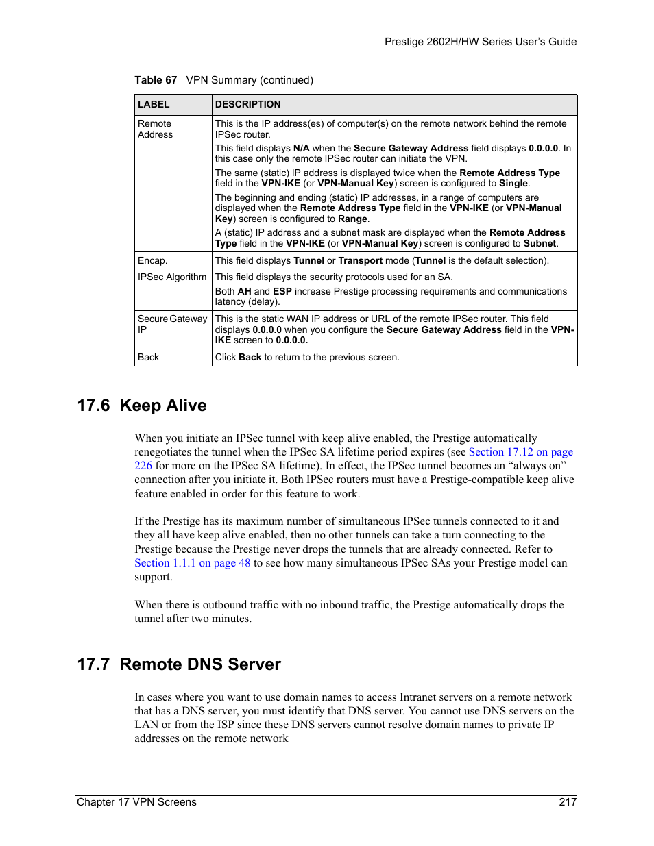 6 keep alive, 7 remote dns server, 6 keep alive 17.7 remote dns server | ZyXEL Communications Prestige 2602H Series User Manual | Page 217 / 550