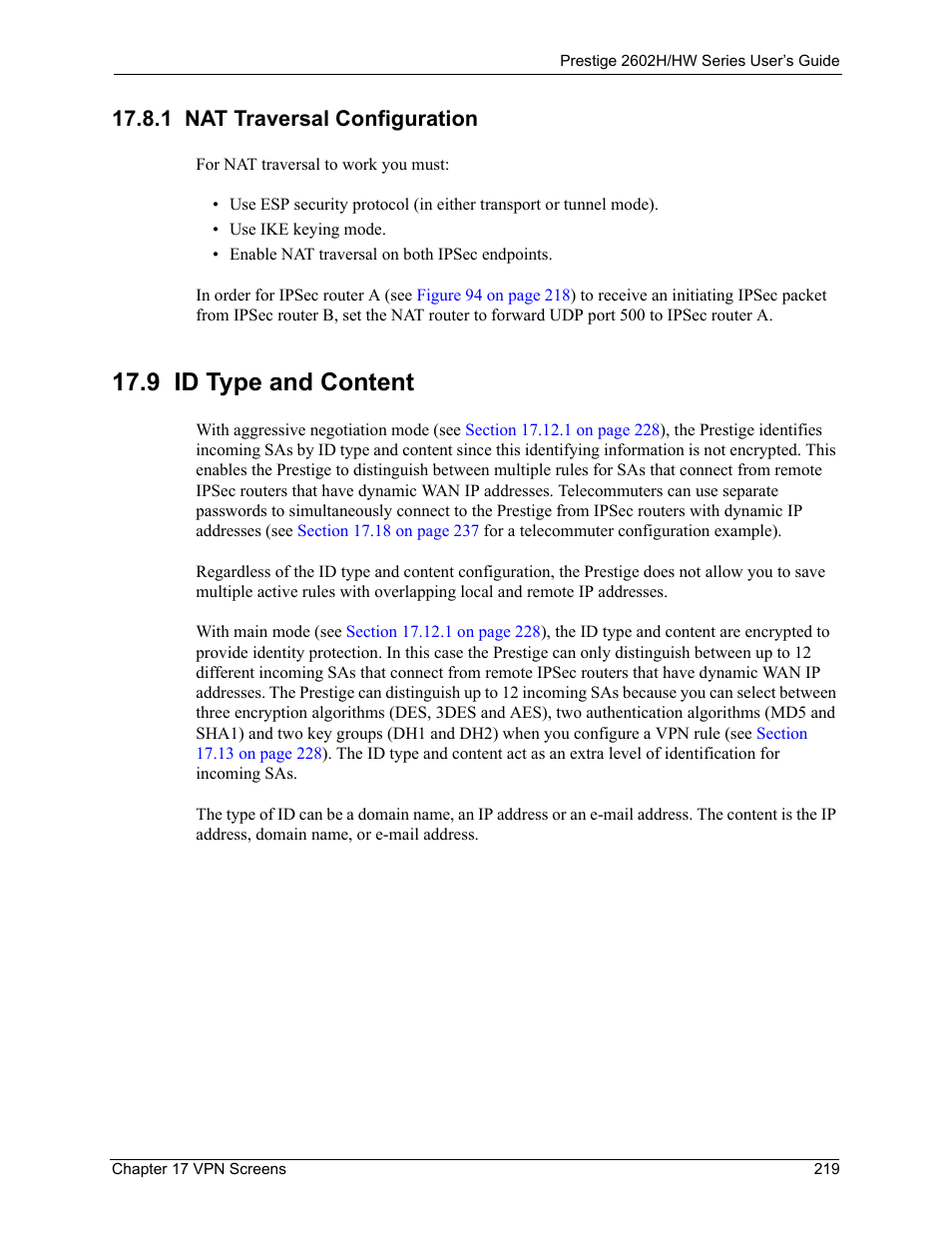1 nat traversal configuration, 9 id type and content | ZyXEL Communications Prestige 2602H Series User Manual | Page 219 / 550