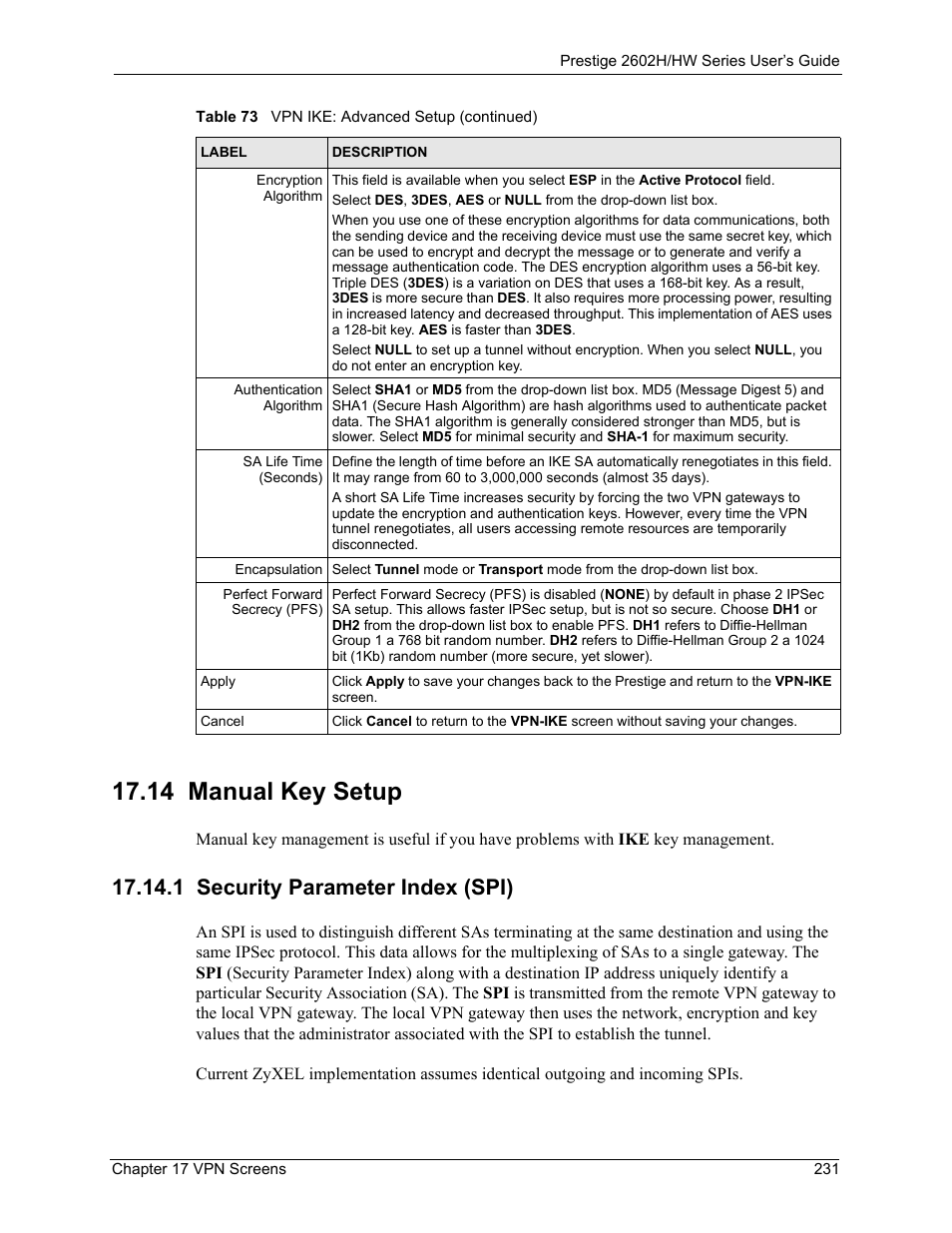 14 manual key setup, 1 security parameter index (spi) | ZyXEL Communications Prestige 2602H Series User Manual | Page 231 / 550