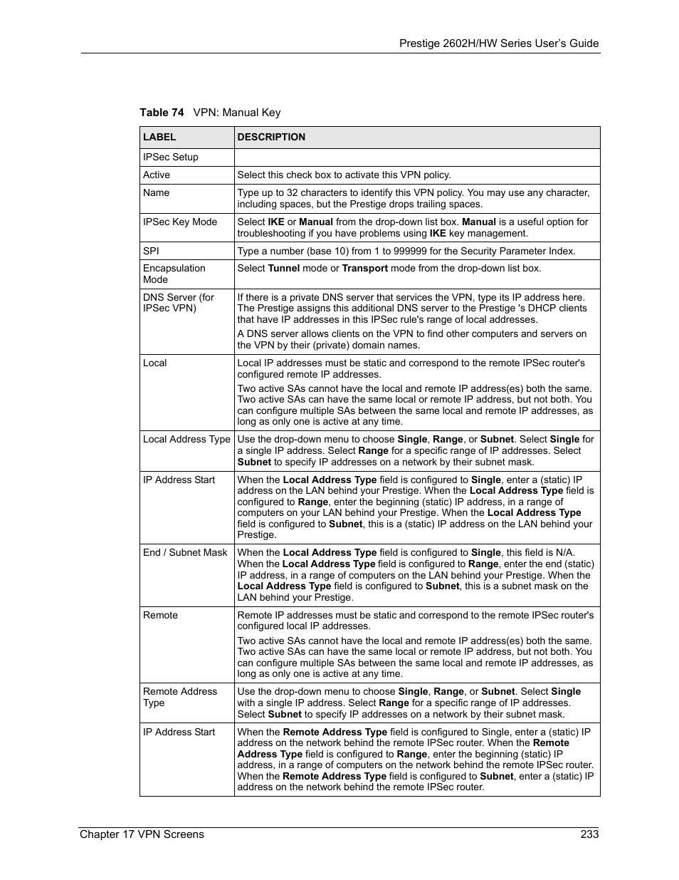 Table 74 vpn: manual key | ZyXEL Communications Prestige 2602H Series User Manual | Page 233 / 550