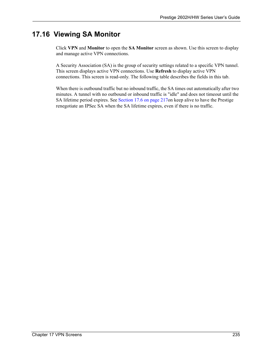 16 viewing sa monitor | ZyXEL Communications Prestige 2602H Series User Manual | Page 235 / 550
