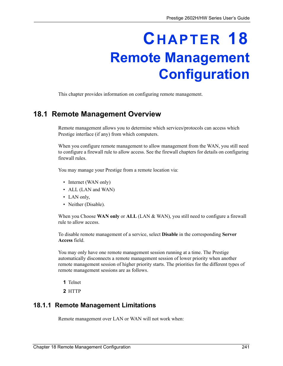 Remote management configuration, 1 remote management overview, 1 remote management limitations | Chapter 18 remote management configuration | ZyXEL Communications Prestige 2602H Series User Manual | Page 241 / 550