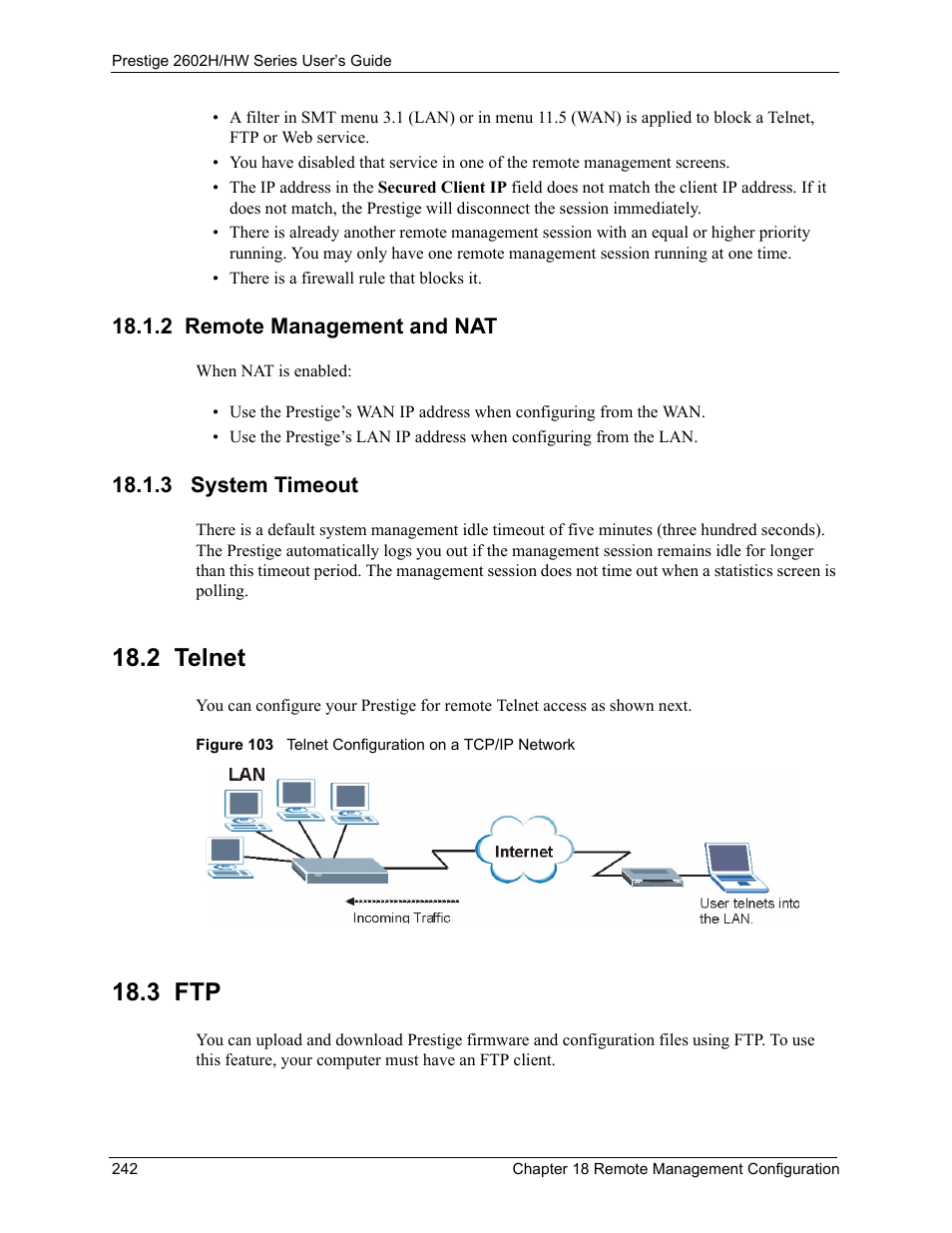 2 remote management and nat, 3 system timeout, 2 telnet | 3 ftp, 2 remote management and nat 18.1.3 system timeout, 2 telnet 18.3 ftp | ZyXEL Communications Prestige 2602H Series User Manual | Page 242 / 550