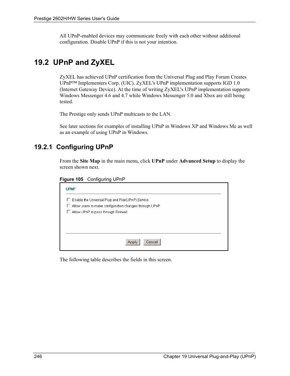 2 upnp and zyxel, 1 configuring upnp, Figure 105 configuring upnp | ZyXEL Communications Prestige 2602H Series User Manual | Page 246 / 550
