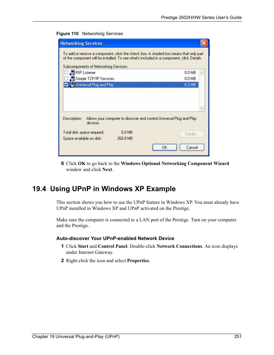 4 using upnp in windows xp example, Figure 110 networking services | ZyXEL Communications Prestige 2602H Series User Manual | Page 251 / 550