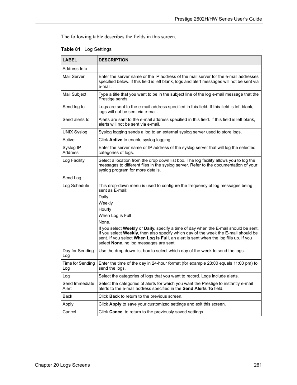 Table 81 log settings | ZyXEL Communications Prestige 2602H Series User Manual | Page 261 / 550