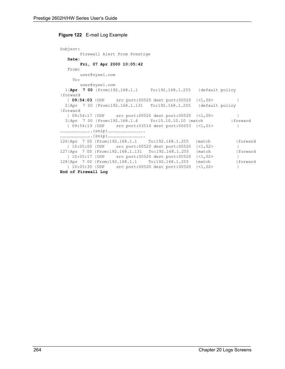 Figure 122 e-mail log example | ZyXEL Communications Prestige 2602H Series User Manual | Page 264 / 550