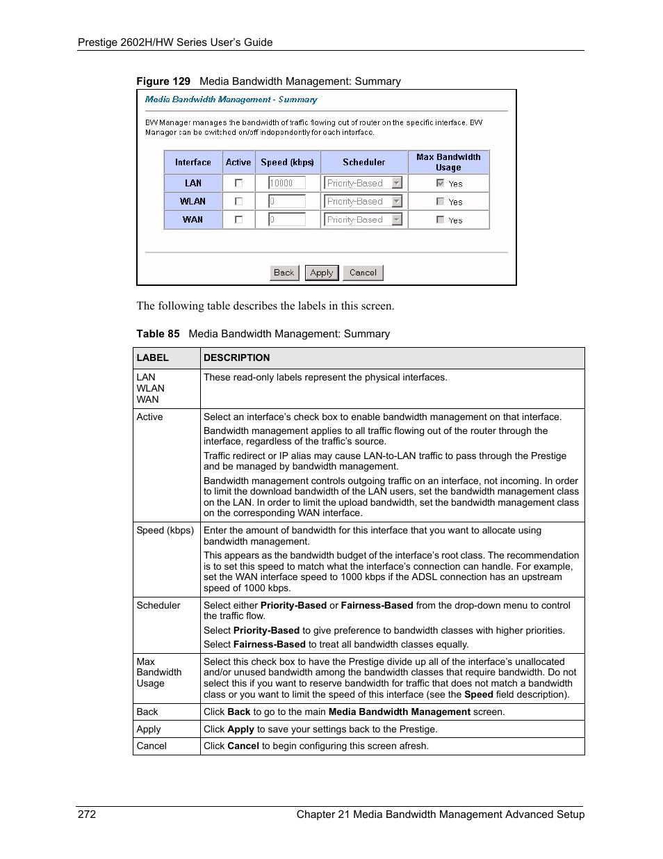 Figure 129 media bandwidth management: summary, Table 85 media bandwidth management: summary | ZyXEL Communications Prestige 2602H Series User Manual | Page 272 / 550