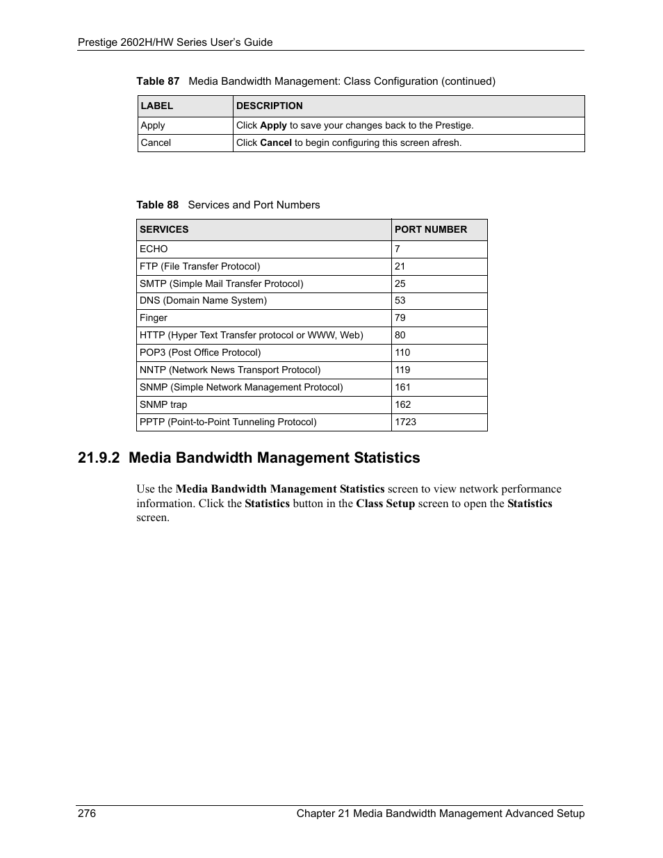 2 media bandwidth management statistics, Table 88 services and port numbers | ZyXEL Communications Prestige 2602H Series User Manual | Page 276 / 550
