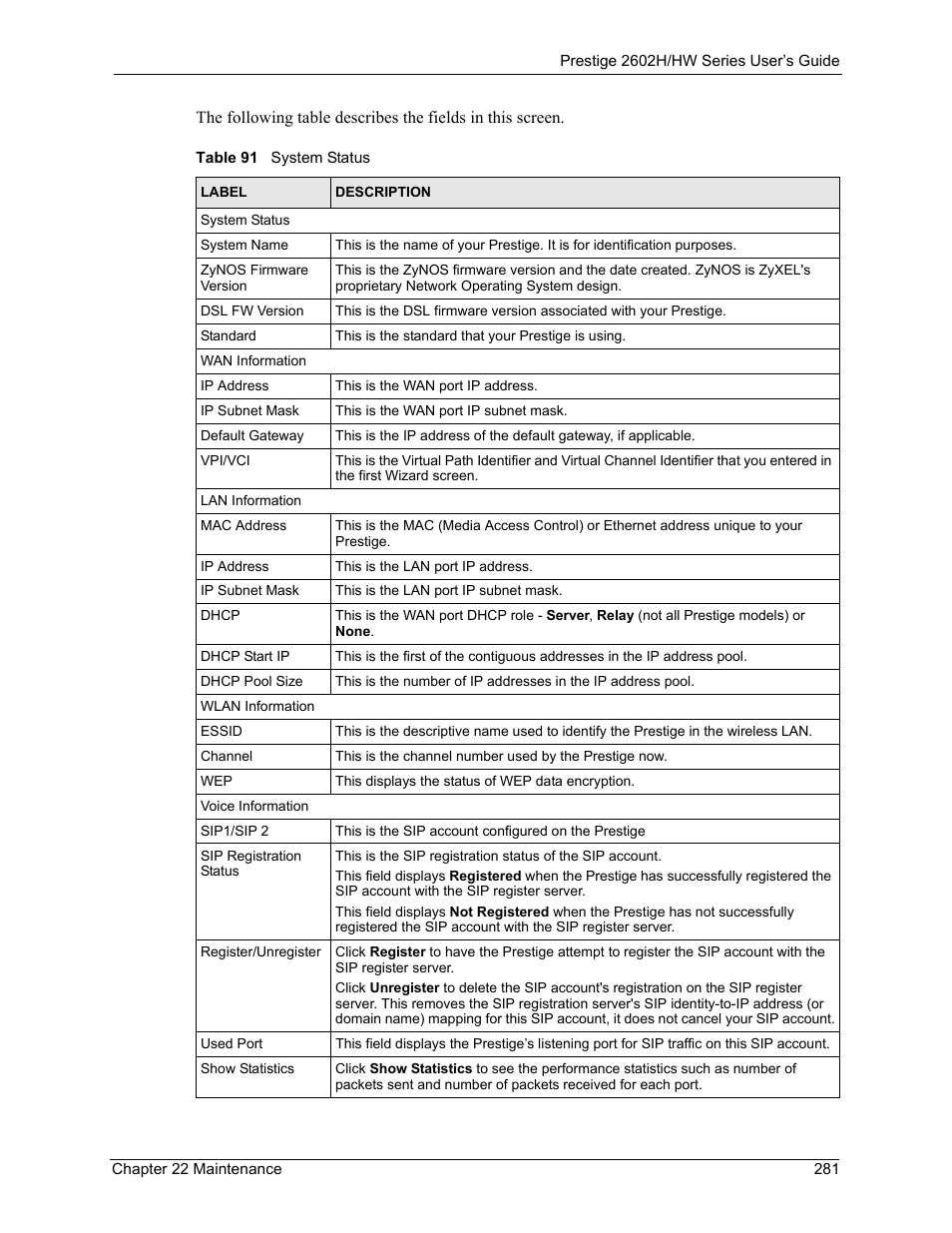Table 91 system status | ZyXEL Communications Prestige 2602H Series User Manual | Page 281 / 550