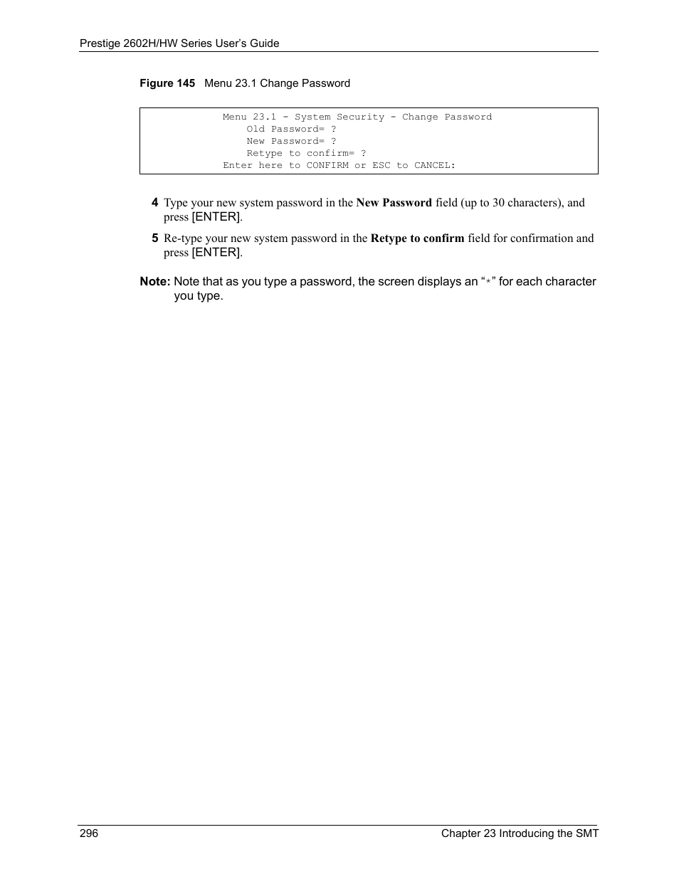 Figure 145 menu 23.1 change password | ZyXEL Communications Prestige 2602H Series User Manual | Page 296 / 550