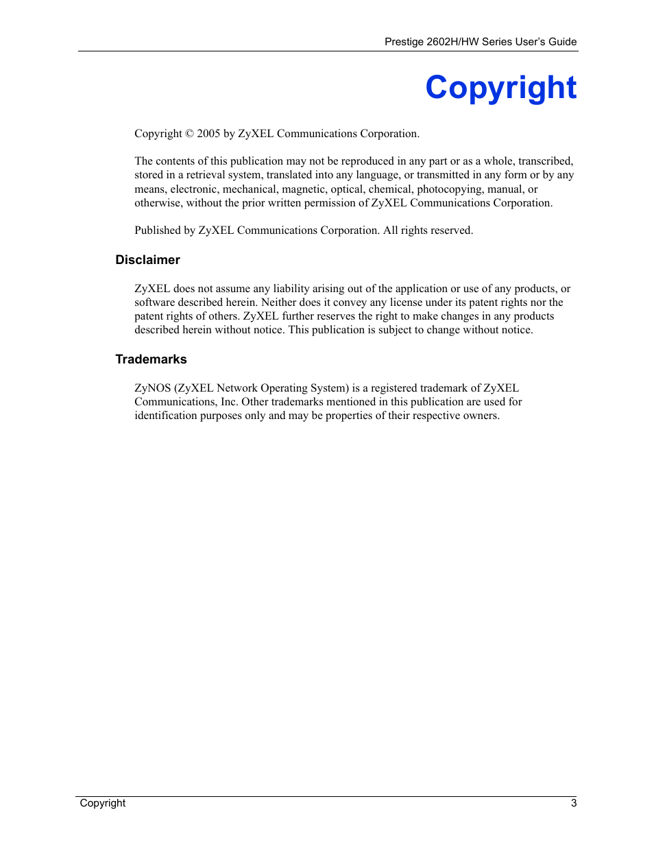 Copyright | ZyXEL Communications Prestige 2602H Series User Manual | Page 3 / 550