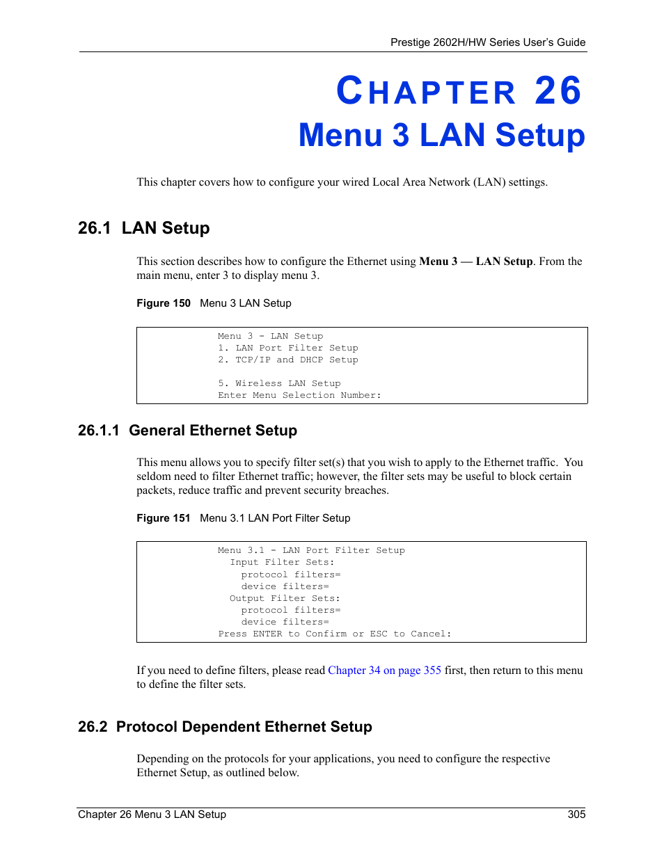 Menu 3 lan setup, 1 lan setup, 1 general ethernet setup | 2 protocol dependent ethernet setup, Chapter 26 menu 3 lan setup | ZyXEL Communications Prestige 2602H Series User Manual | Page 305 / 550