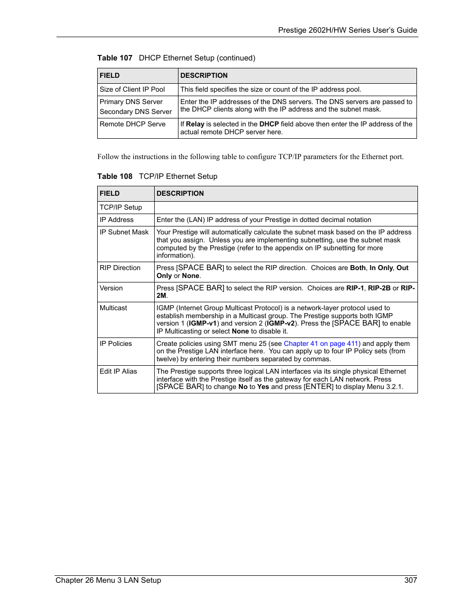 Table 108 tcp/ip ethernet setup | ZyXEL Communications Prestige 2602H Series User Manual | Page 307 / 550