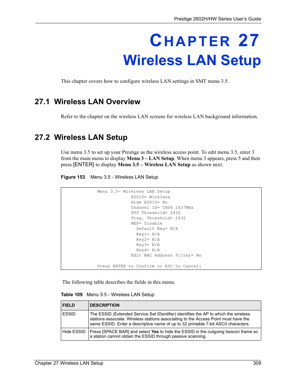 Wireless lan setup, 1 wireless lan overview, 2 wireless lan setup | Chapter 27 wireless lan setup, 1 wireless lan overview 27.2 wireless lan setup, Figure 153 menu 3.5 - wireless lan setup, Table 109 menu 3.5 - wireless lan setup | ZyXEL Communications Prestige 2602H Series User Manual | Page 309 / 550