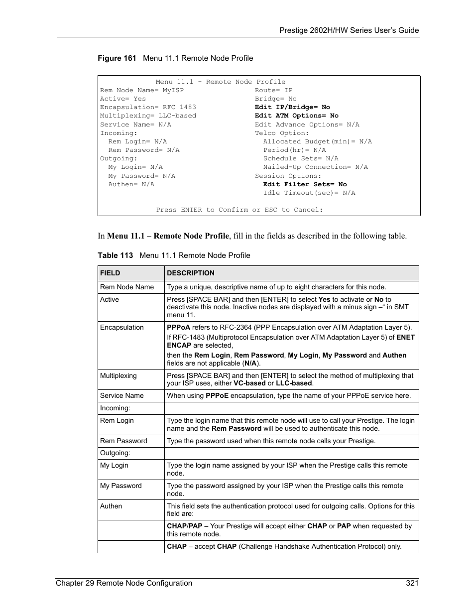 Figure 161 menu 11.1 remote node profile, Table 113 menu 11.1 remote node profile | ZyXEL Communications Prestige 2602H Series User Manual | Page 321 / 550