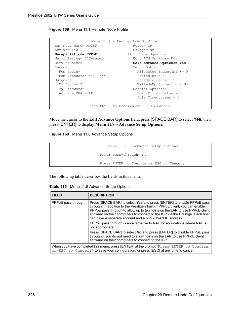Table 115 menu 11.8 advance setup options | ZyXEL Communications Prestige 2602H Series User Manual | Page 328 / 550