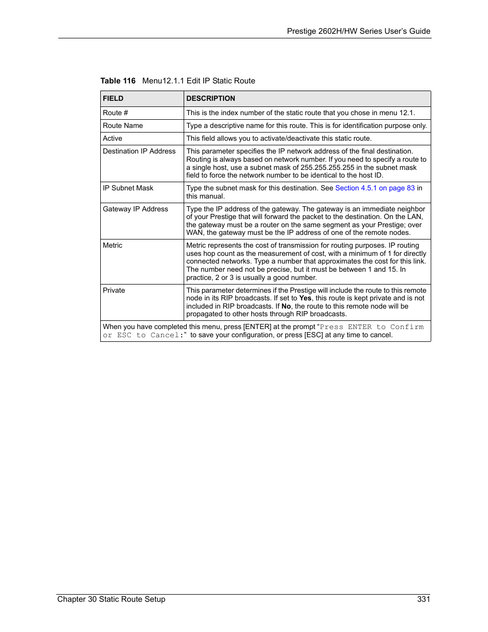 Table 116 menu12.1.1 edit ip static route | ZyXEL Communications Prestige 2602H Series User Manual | Page 331 / 550