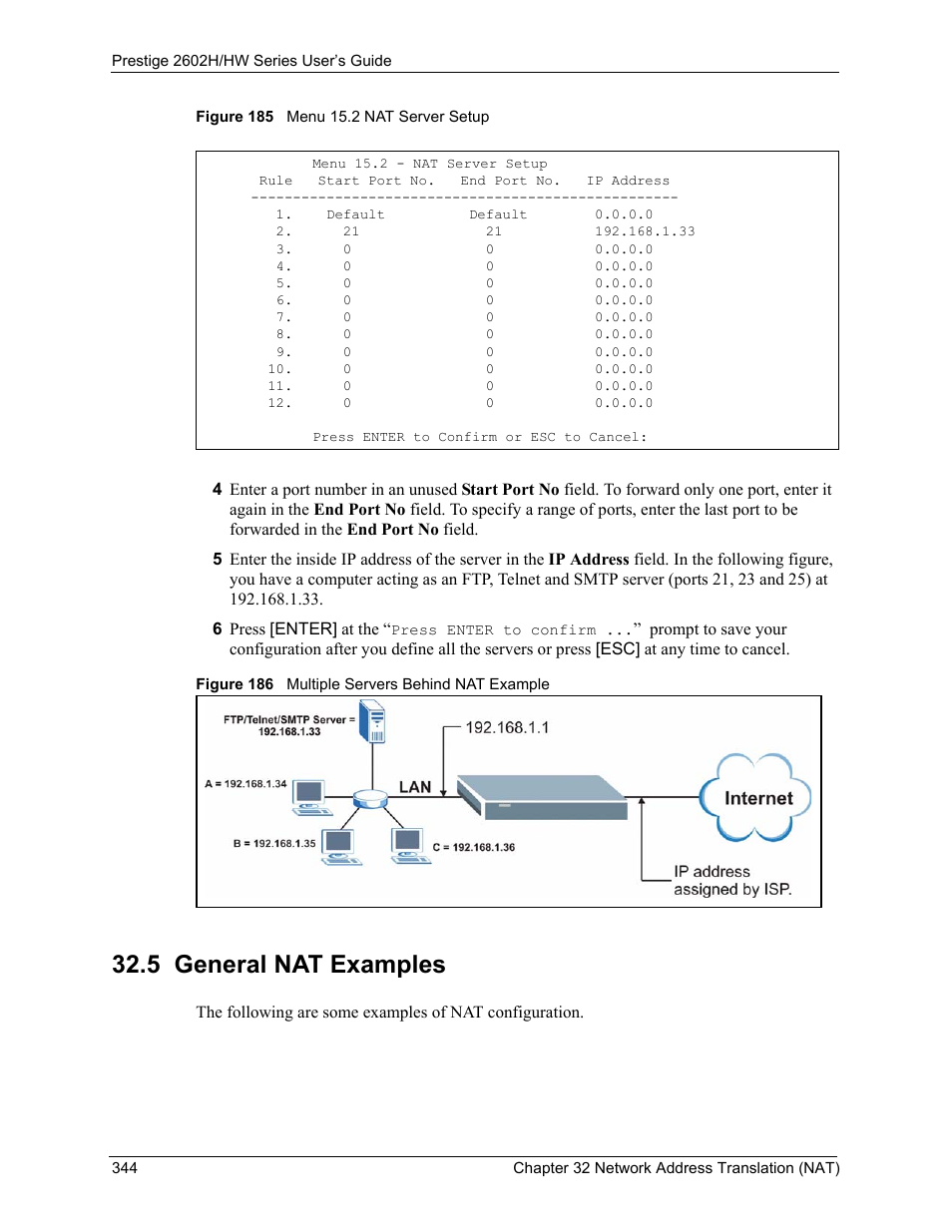 5 general nat examples | ZyXEL Communications Prestige 2602H Series User Manual | Page 344 / 550