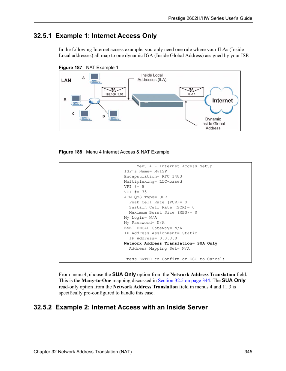1 example 1: internet access only, 2 example 2: internet access with an inside server | ZyXEL Communications Prestige 2602H Series User Manual | Page 345 / 550