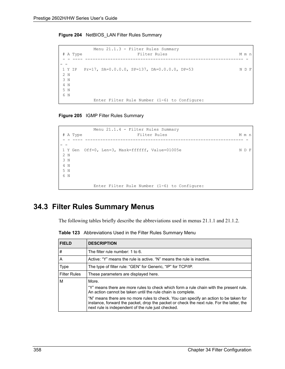 3 filter rules summary menus | ZyXEL Communications Prestige 2602H Series User Manual | Page 358 / 550