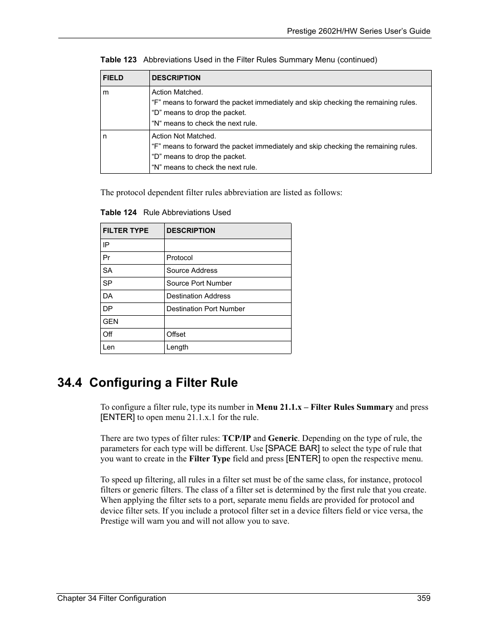 4 configuring a filter rule, Table 124 rule abbreviations used | ZyXEL Communications Prestige 2602H Series User Manual | Page 359 / 550