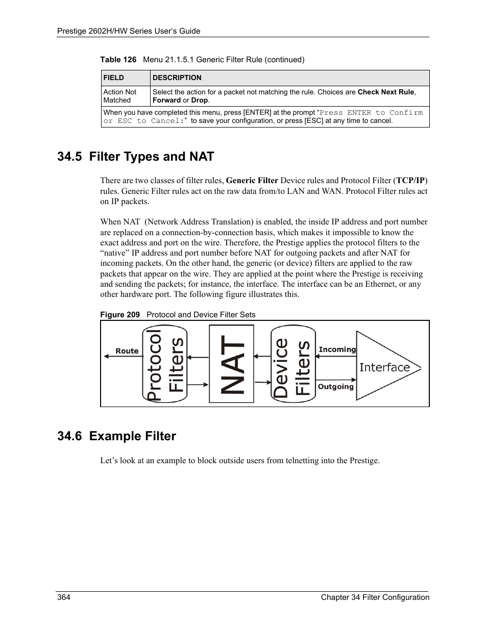 5 filter types and nat, 6 example filter, 5 filter types and nat 34.6 example filter | Figure 209 protocol and device filter sets | ZyXEL Communications Prestige 2602H Series User Manual | Page 364 / 550