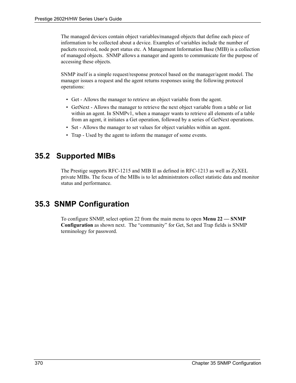 2 supported mibs, 3 snmp configuration, 2 supported mibs 35.3 snmp configuration | ZyXEL Communications Prestige 2602H Series User Manual | Page 370 / 550
