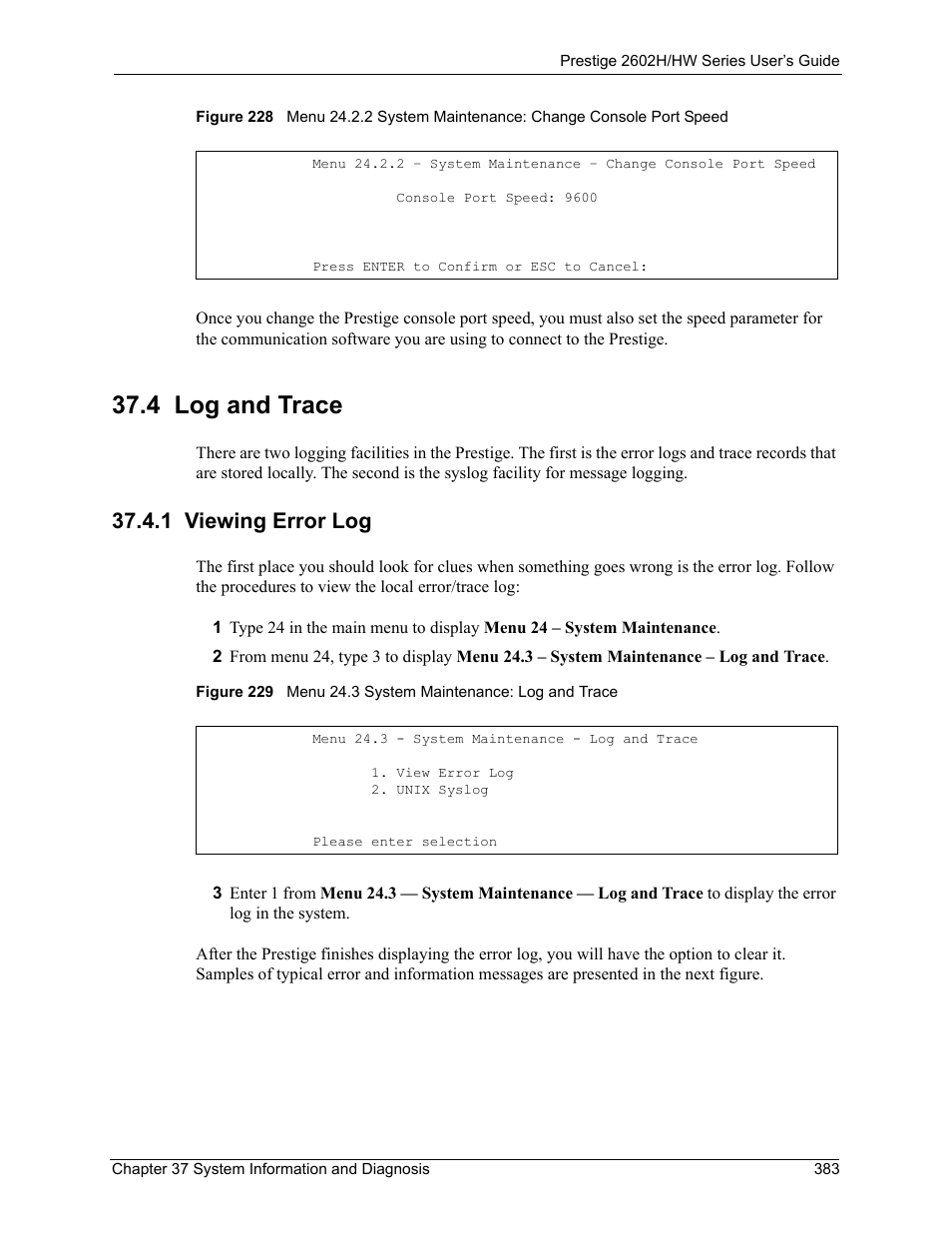 4 log and trace, 1 viewing error log | ZyXEL Communications Prestige 2602H Series User Manual | Page 383 / 550