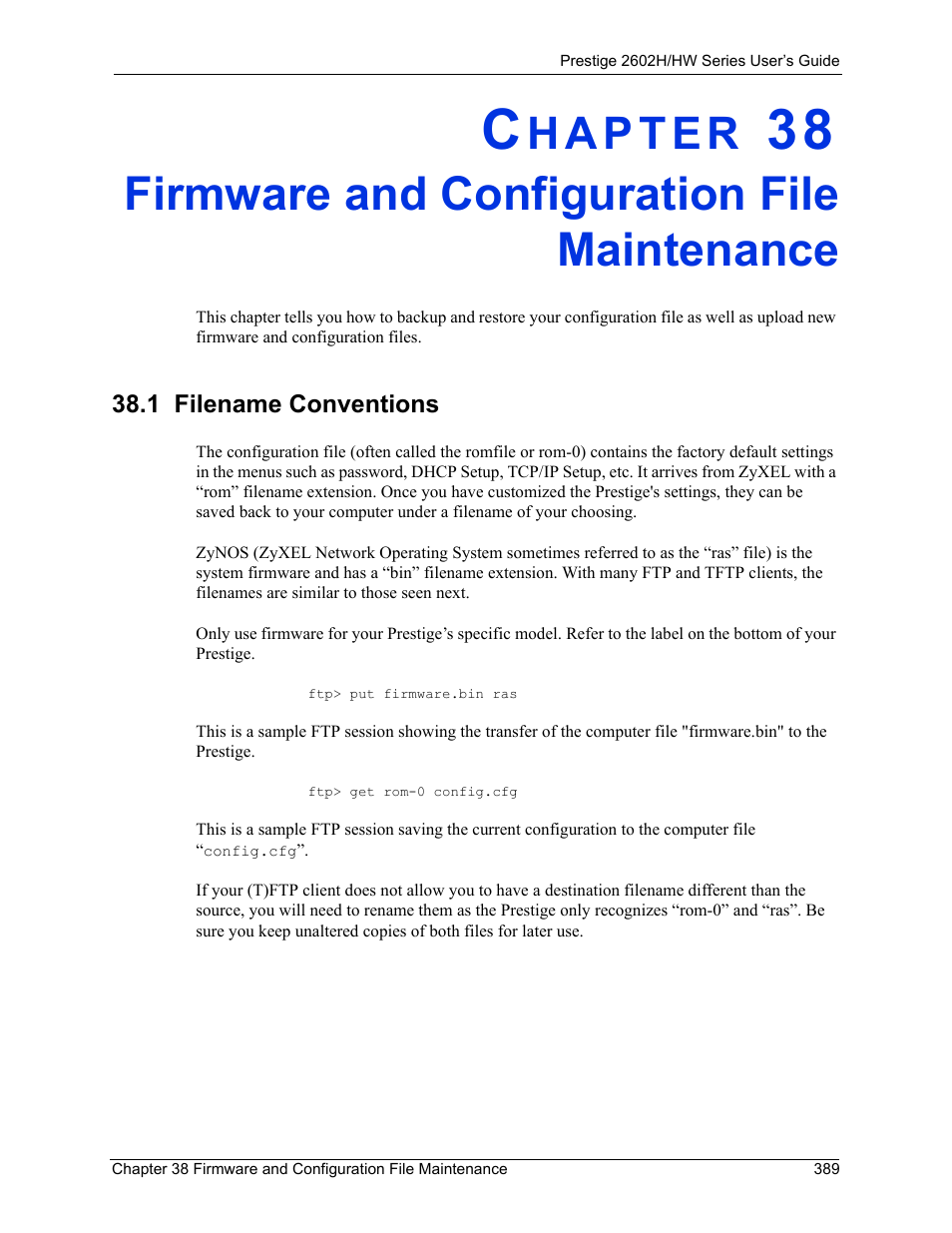 Firmware and configuration file maintenance, 1 filename conventions | ZyXEL Communications Prestige 2602H Series User Manual | Page 389 / 550