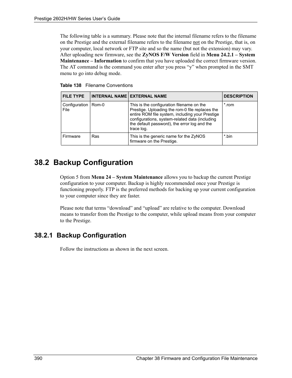 2 backup configuration, 1 backup configuration, Table 138 filename conventions | ZyXEL Communications Prestige 2602H Series User Manual | Page 390 / 550