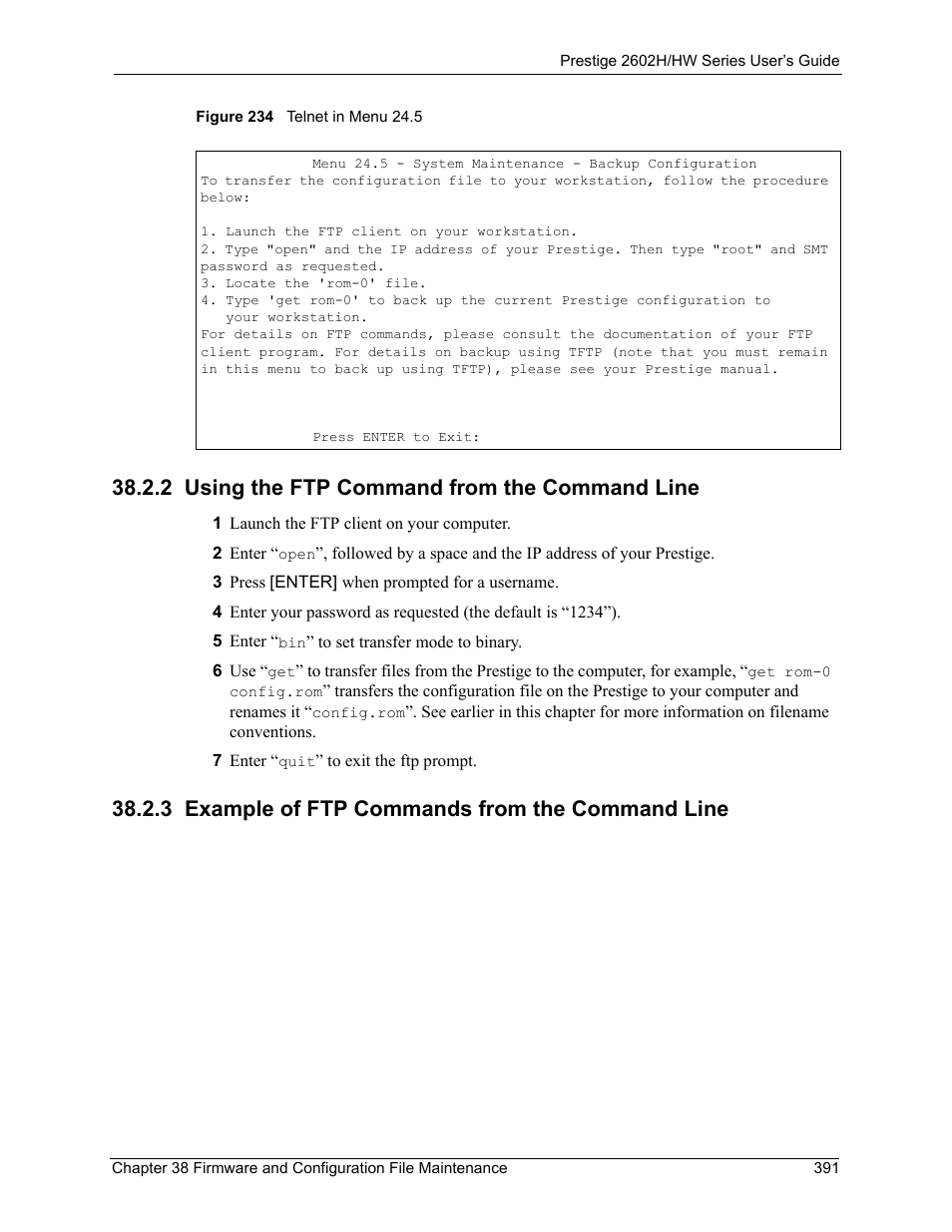 2 using the ftp command from the command line, 3 example of ftp commands from the command line, Figure 234 telnet in menu 24.5 | ZyXEL Communications Prestige 2602H Series User Manual | Page 391 / 550