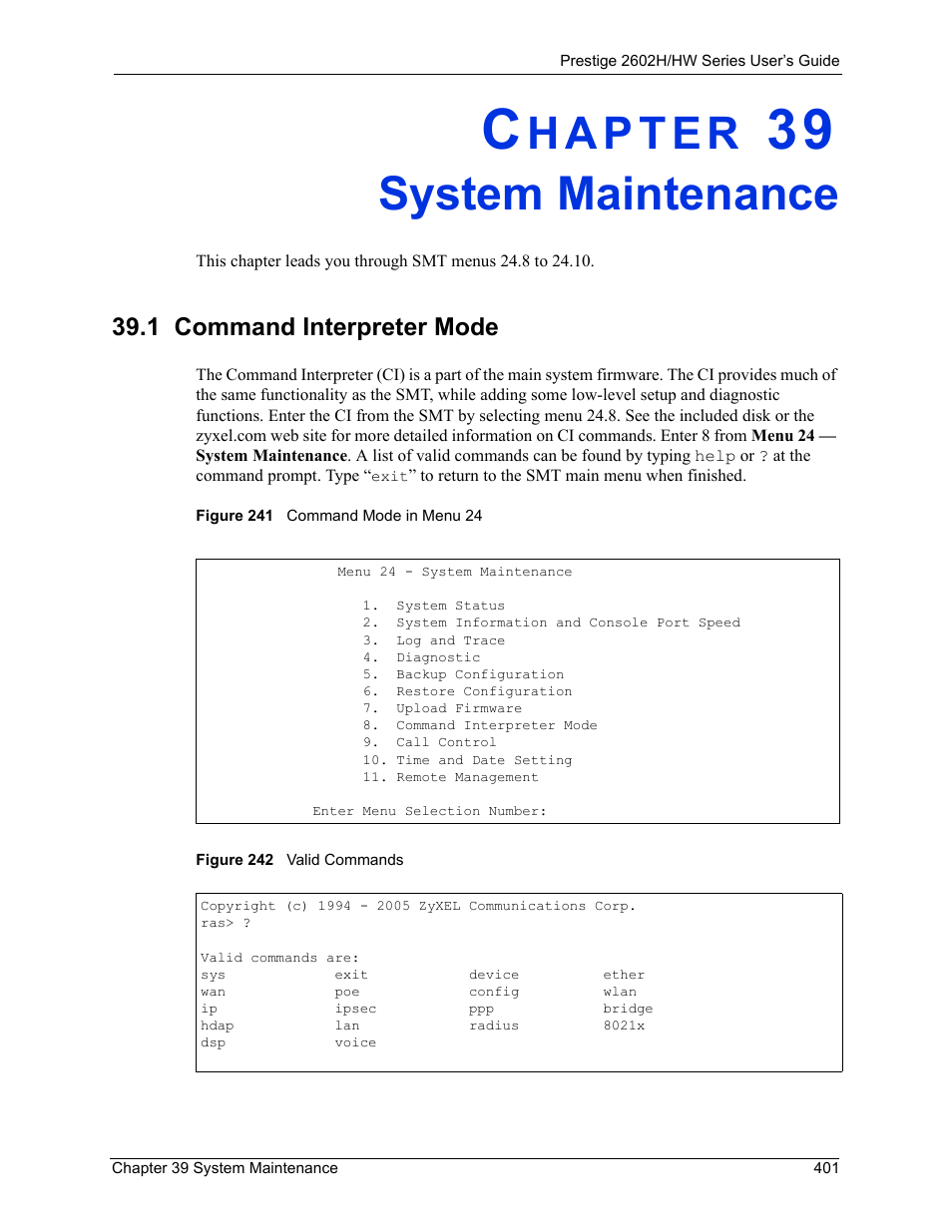 System maintenance, 1 command interpreter mode, Chapter 39 system maintenance | ZyXEL Communications Prestige 2602H Series User Manual | Page 401 / 550