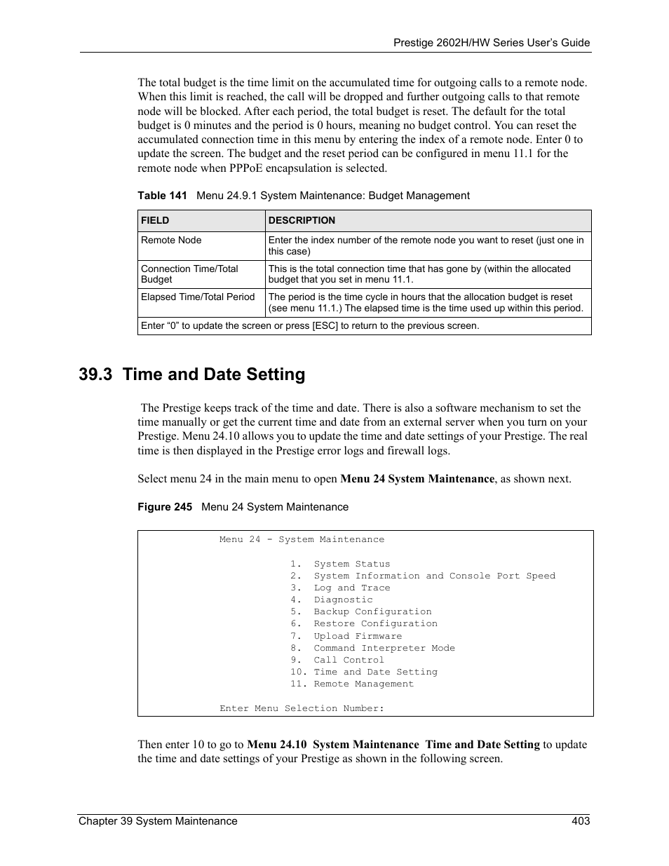 3 time and date setting, Figure 245 menu 24 system maintenance | ZyXEL Communications Prestige 2602H Series User Manual | Page 403 / 550