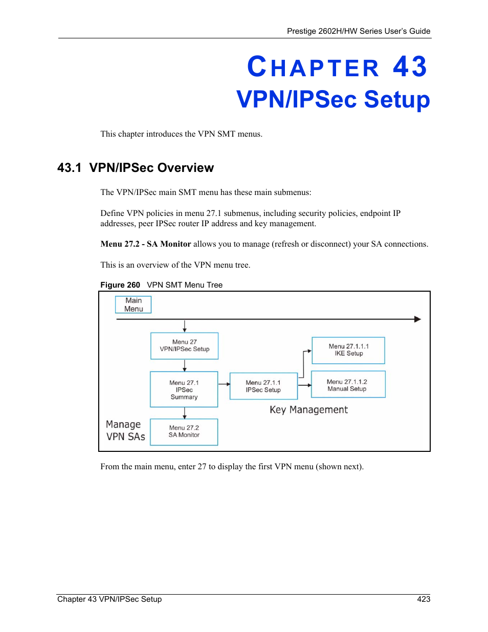 Vpn/ipsec setup, 1 vpn/ipsec overview, Chapter 43 vpn/ipsec setup | Figure 260 vpn smt menu tree | ZyXEL Communications Prestige 2602H Series User Manual | Page 423 / 550