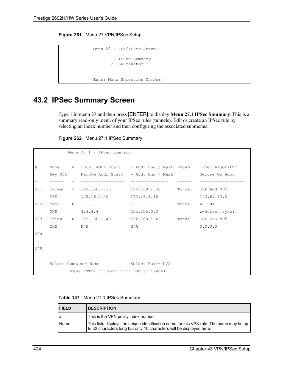 2 ipsec summary screen, Table 147 menu 27.1 ipsec summary | ZyXEL Communications Prestige 2602H Series User Manual | Page 424 / 550