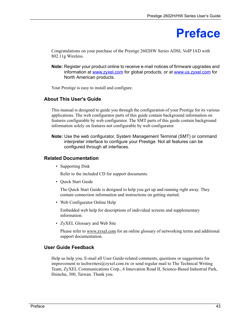 Preface | ZyXEL Communications Prestige 2602H Series User Manual | Page 43 / 550