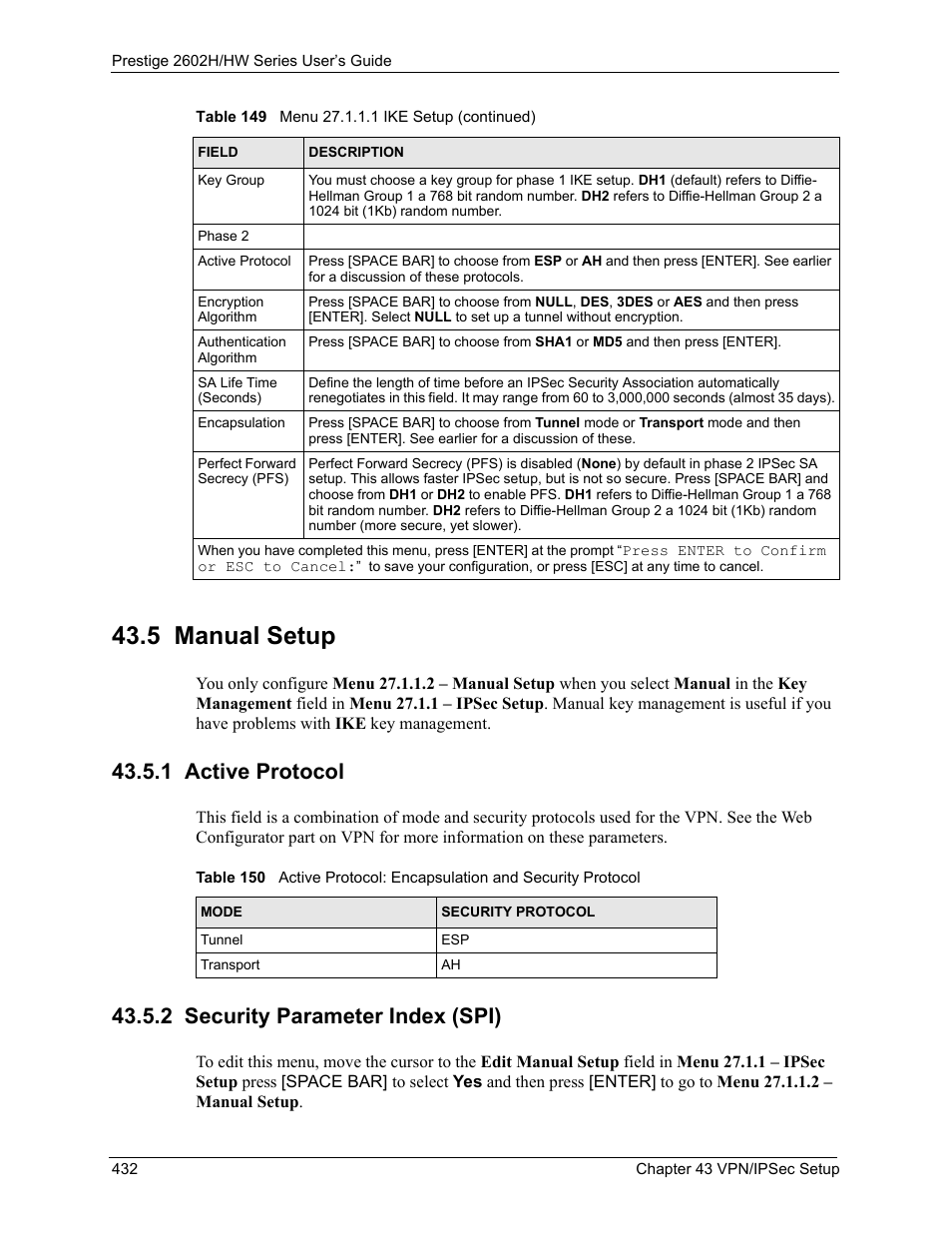 5 manual setup, 1 active protocol, 2 security parameter index (spi) | ZyXEL Communications Prestige 2602H Series User Manual | Page 432 / 550