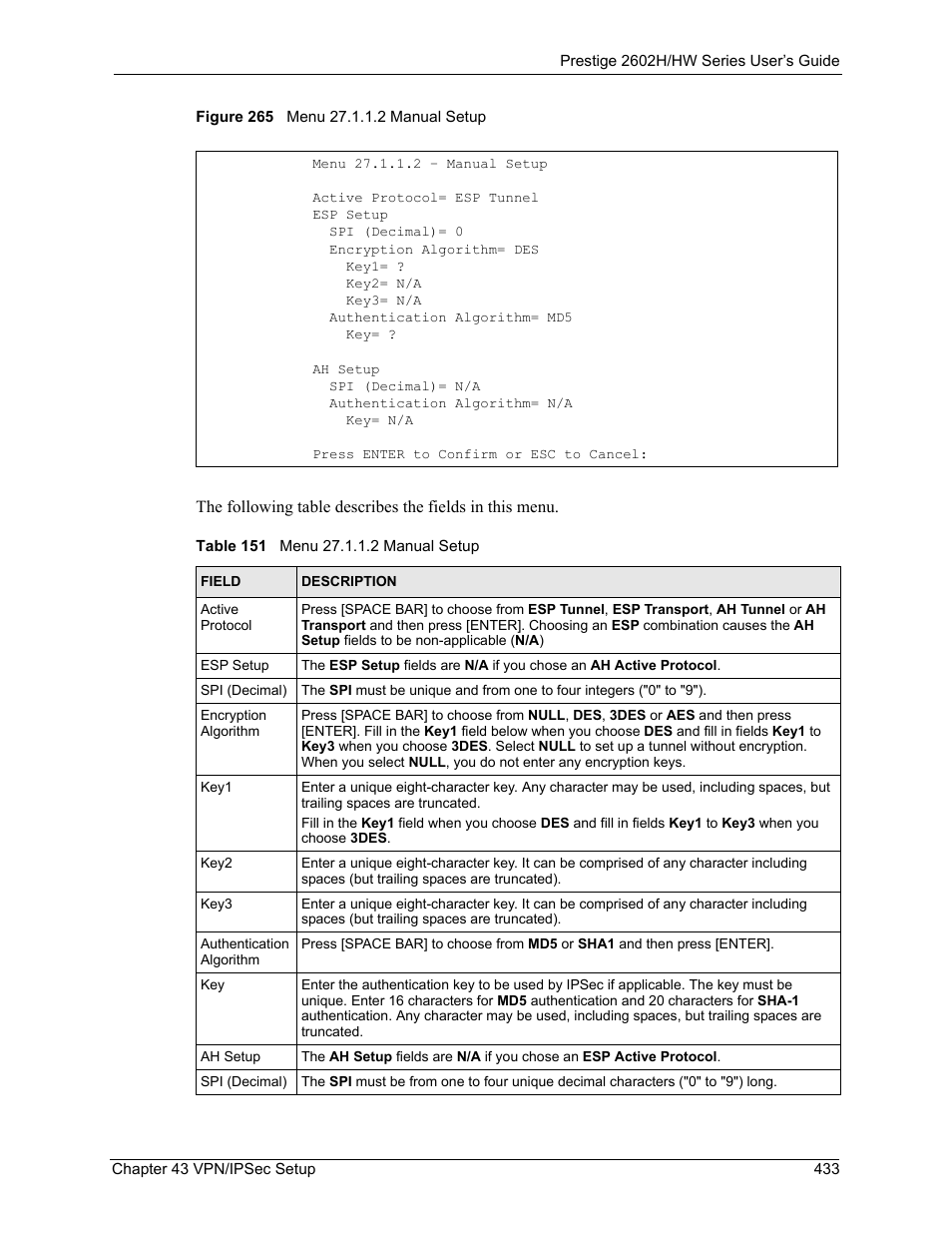 Figure 265 menu 27.1.1.2 manual setup, Table 151 menu 27.1.1.2 manual setup | ZyXEL Communications Prestige 2602H Series User Manual | Page 433 / 550