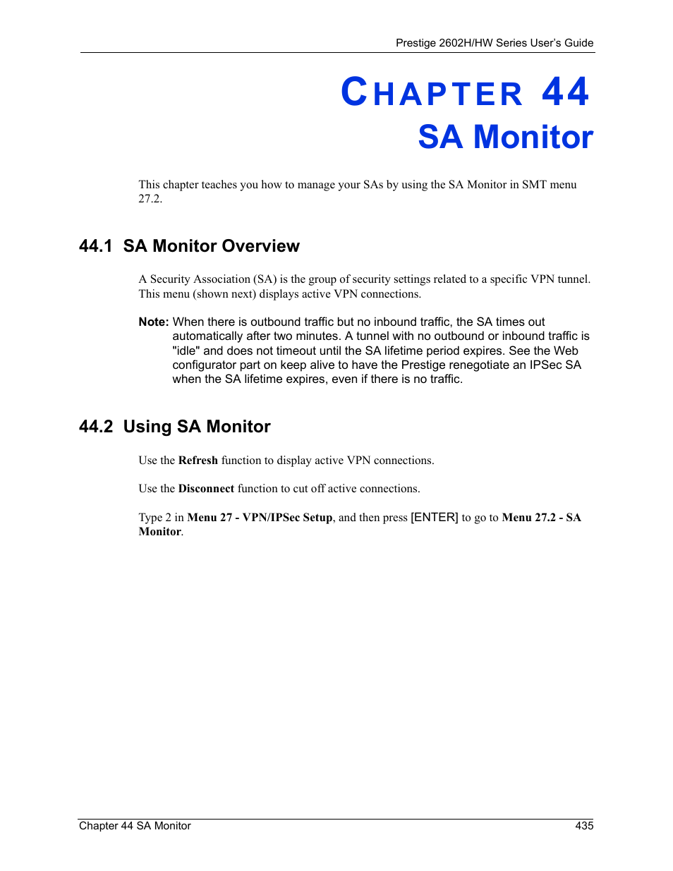 Sa monitor, 1 sa monitor overview, 2 using sa monitor | Chapter 44 sa monitor, 1 sa monitor overview 44.2 using sa monitor | ZyXEL Communications Prestige 2602H Series User Manual | Page 435 / 550