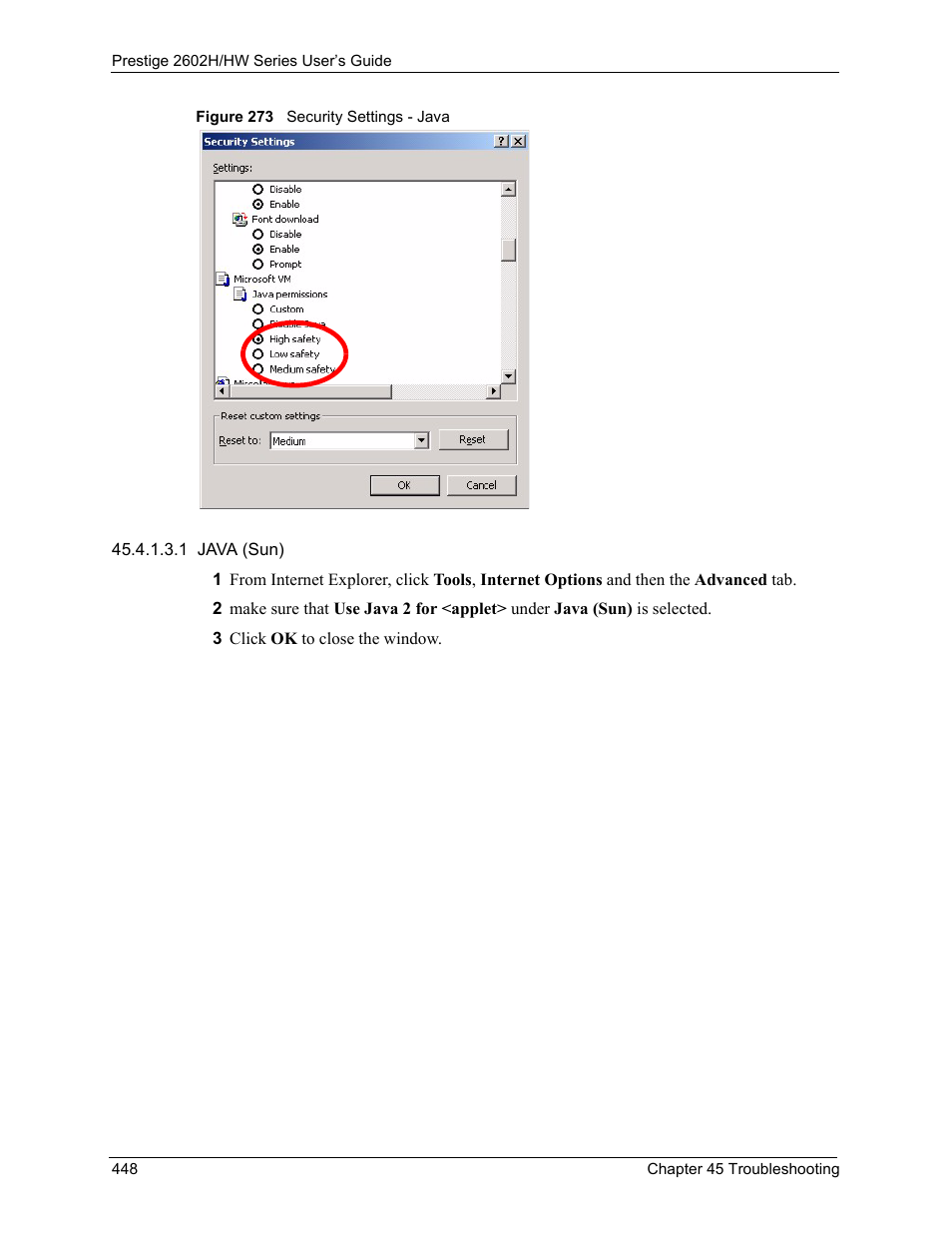 Figure 273 security settings - java | ZyXEL Communications Prestige 2602H Series User Manual | Page 448 / 550