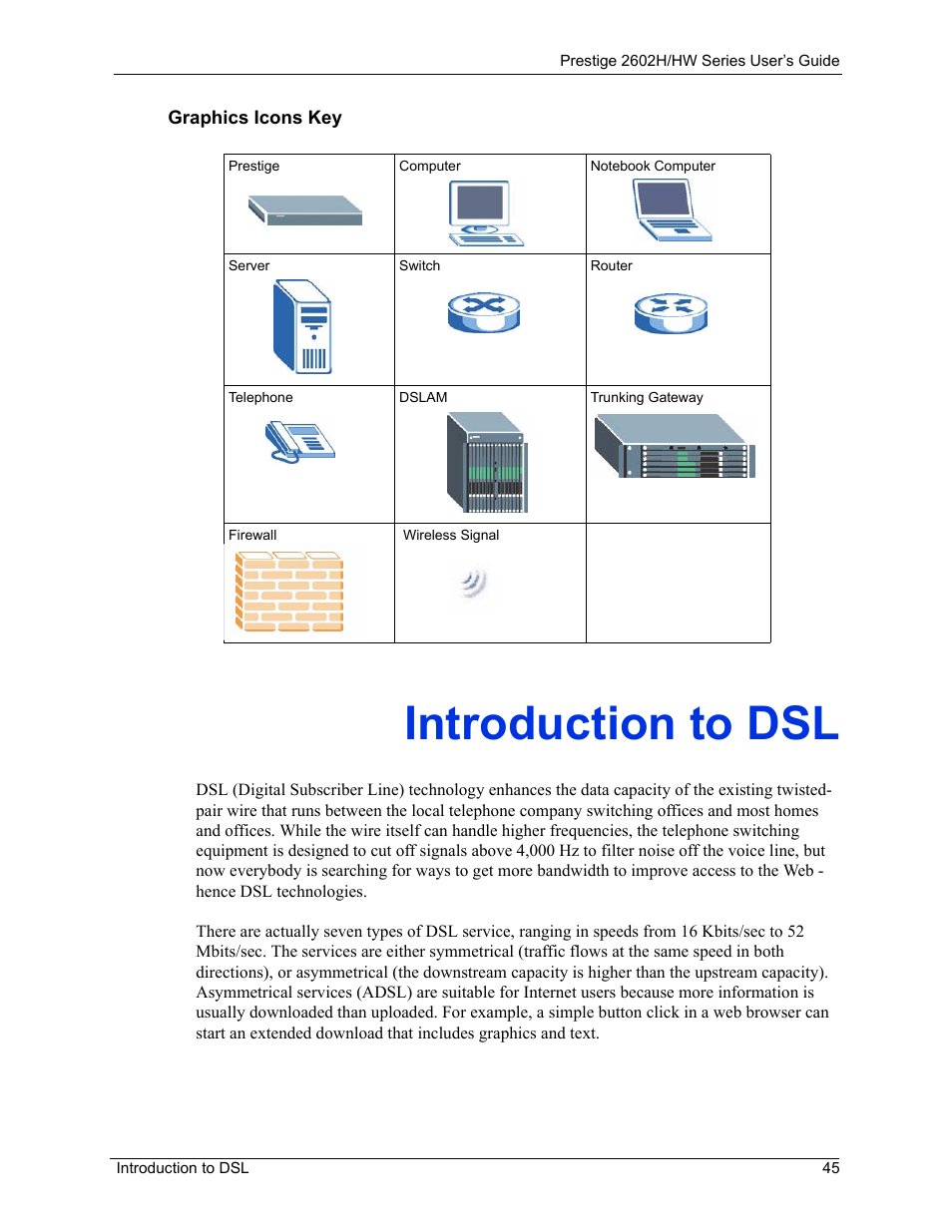 Introduction to dsl | ZyXEL Communications Prestige 2602H Series User Manual | Page 45 / 550