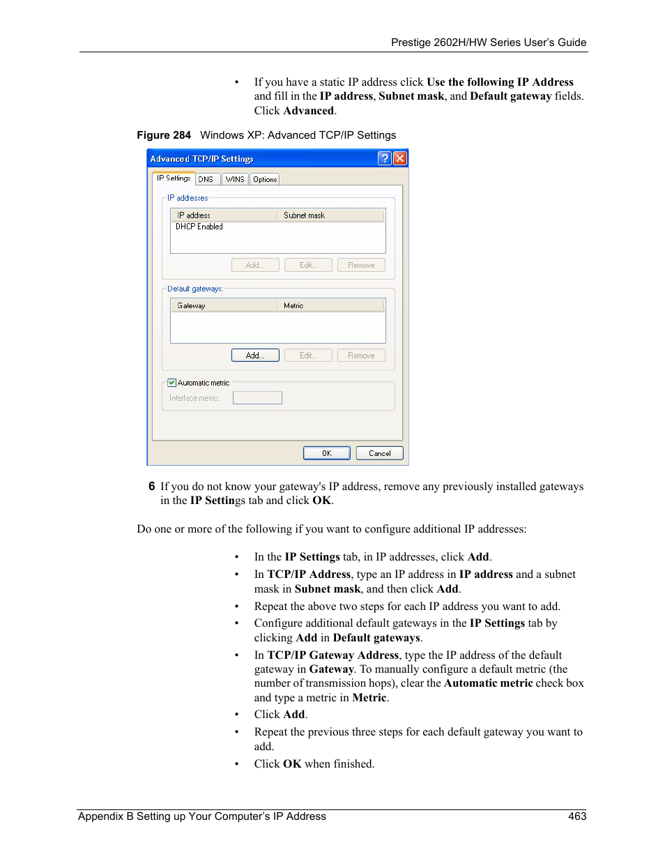 Figure 284 windows xp: advanced tcp/ip settings | ZyXEL Communications Prestige 2602H Series User Manual | Page 463 / 550