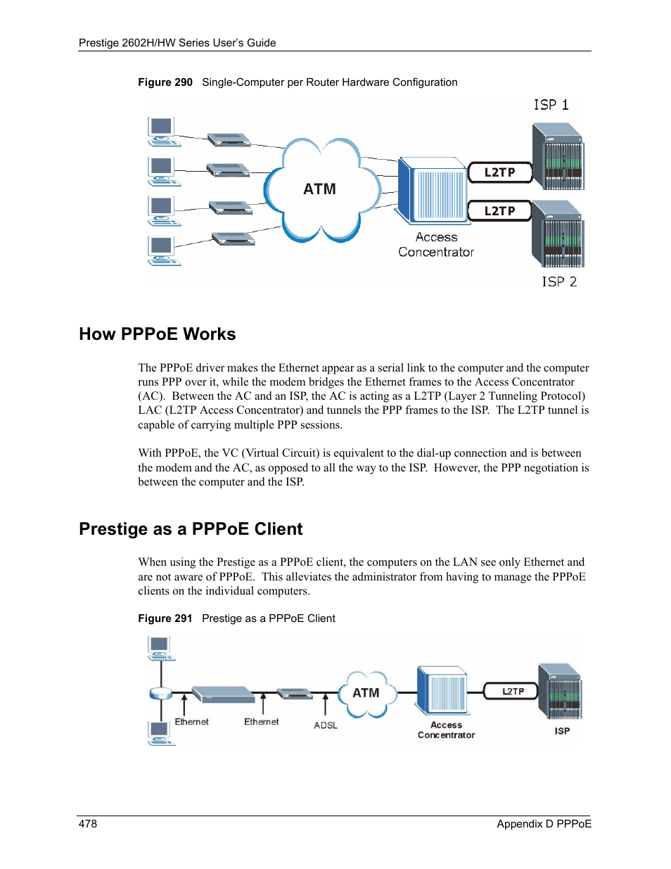 How pppoe works prestige as a pppoe client, How pppoe works, Prestige as a pppoe client | ZyXEL Communications Prestige 2602H Series User Manual | Page 478 / 550