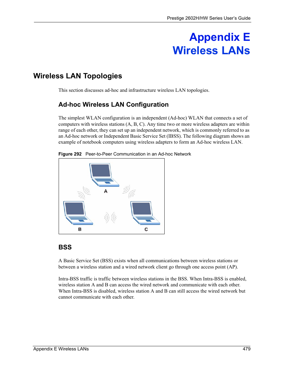 Wireless lans, Appendix e wireless lans, Wireless lan topologies | Ad-hoc wireless lan configuration bss | ZyXEL Communications Prestige 2602H Series User Manual | Page 479 / 550
