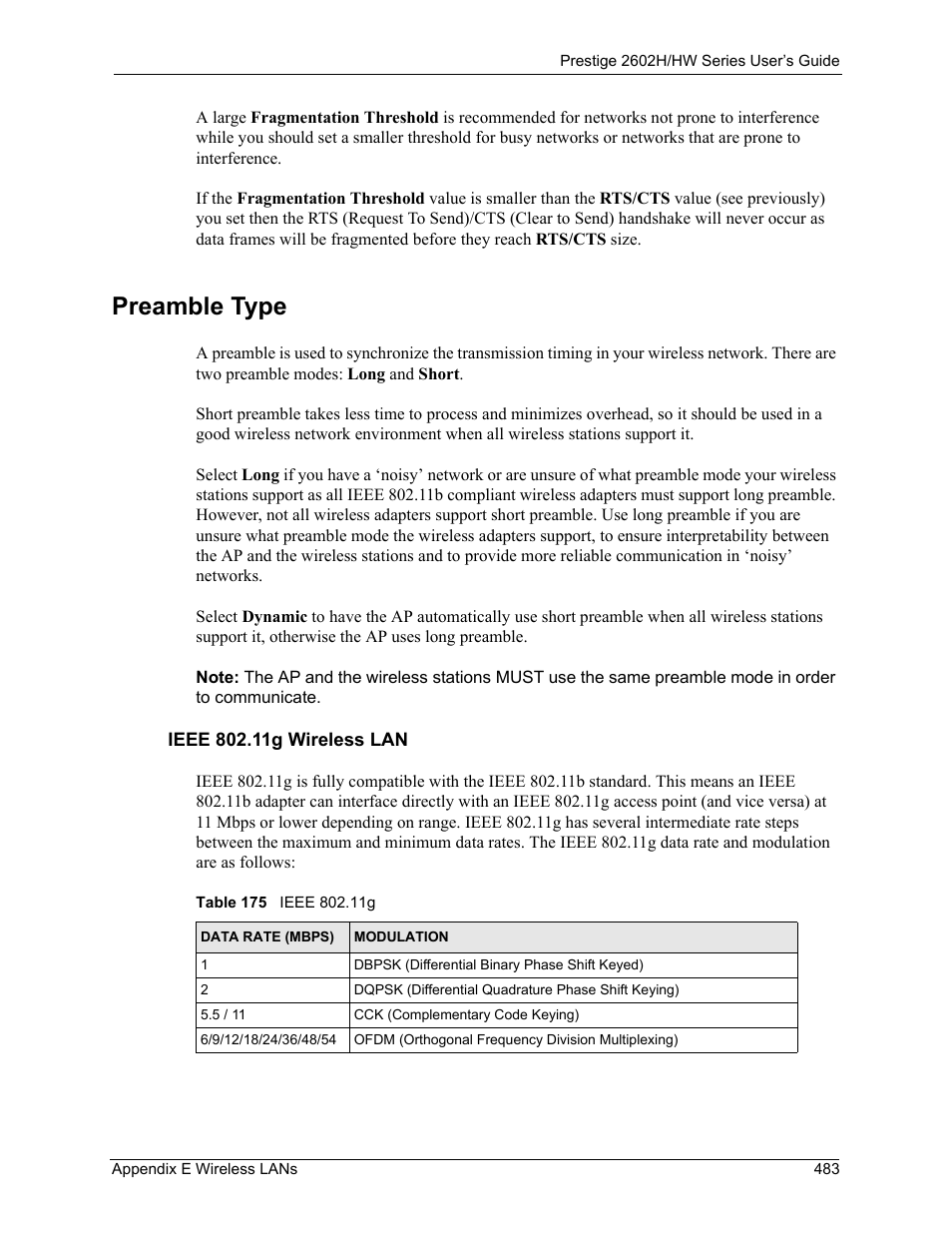 Preamble type, Table 175 ieee 802.11g | ZyXEL Communications Prestige 2602H Series User Manual | Page 483 / 550