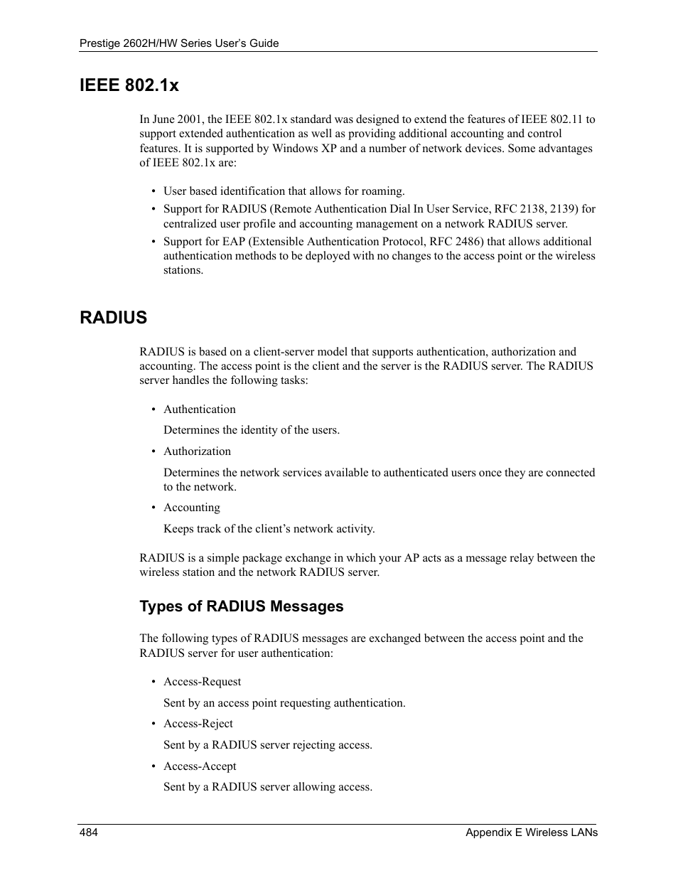 Ieee 802.1x radius, Types of radius messages, Ieee 802.1x | Radius | ZyXEL Communications Prestige 2602H Series User Manual | Page 484 / 550